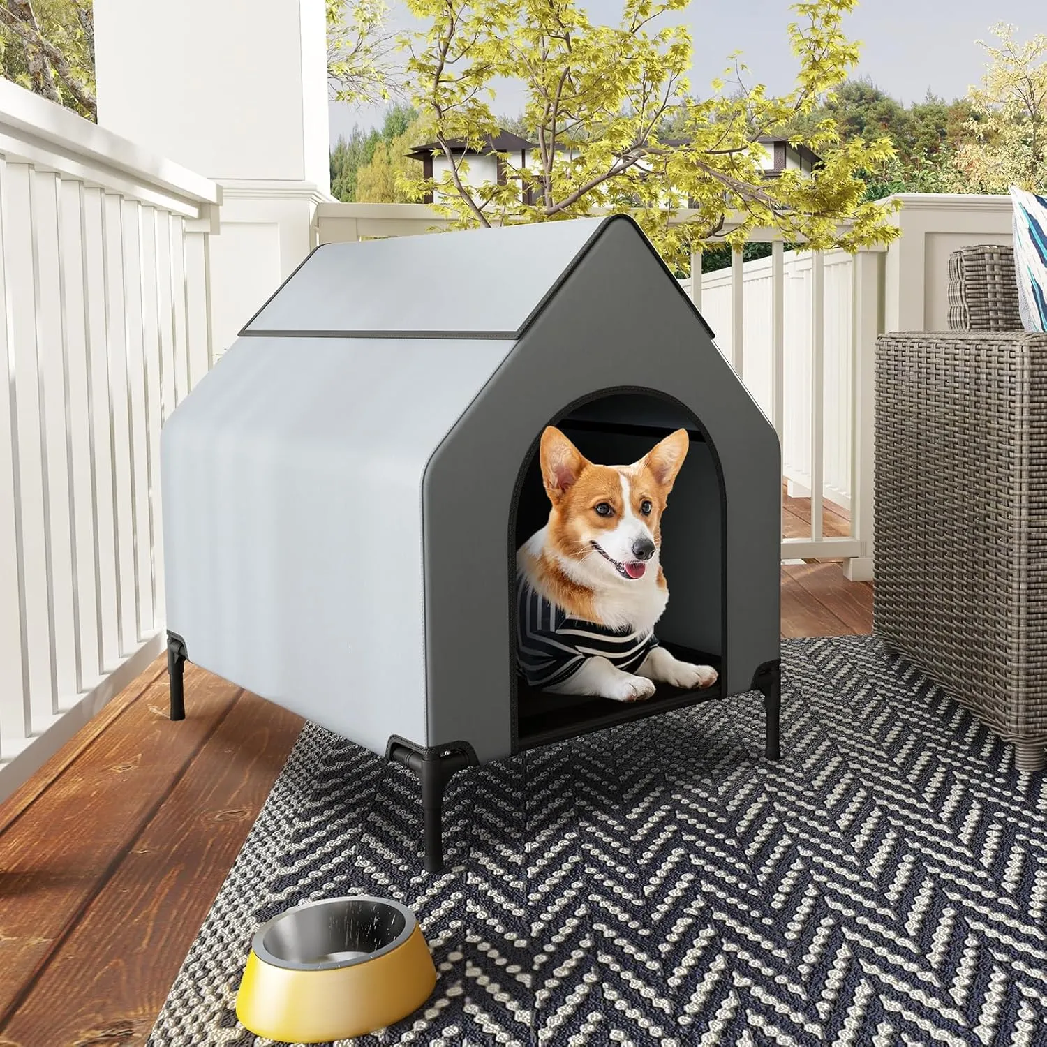 Giantex 36 inch Dog House Outdoor, Elevated Dog Bed with Weatherproof 600D Oxford Canopy, 2 Top Windows, Breathable Mesh Fabric Bed, Dog Tents Shelter Kennel, Medium Dog House, 36" L x 25" W x 34" H