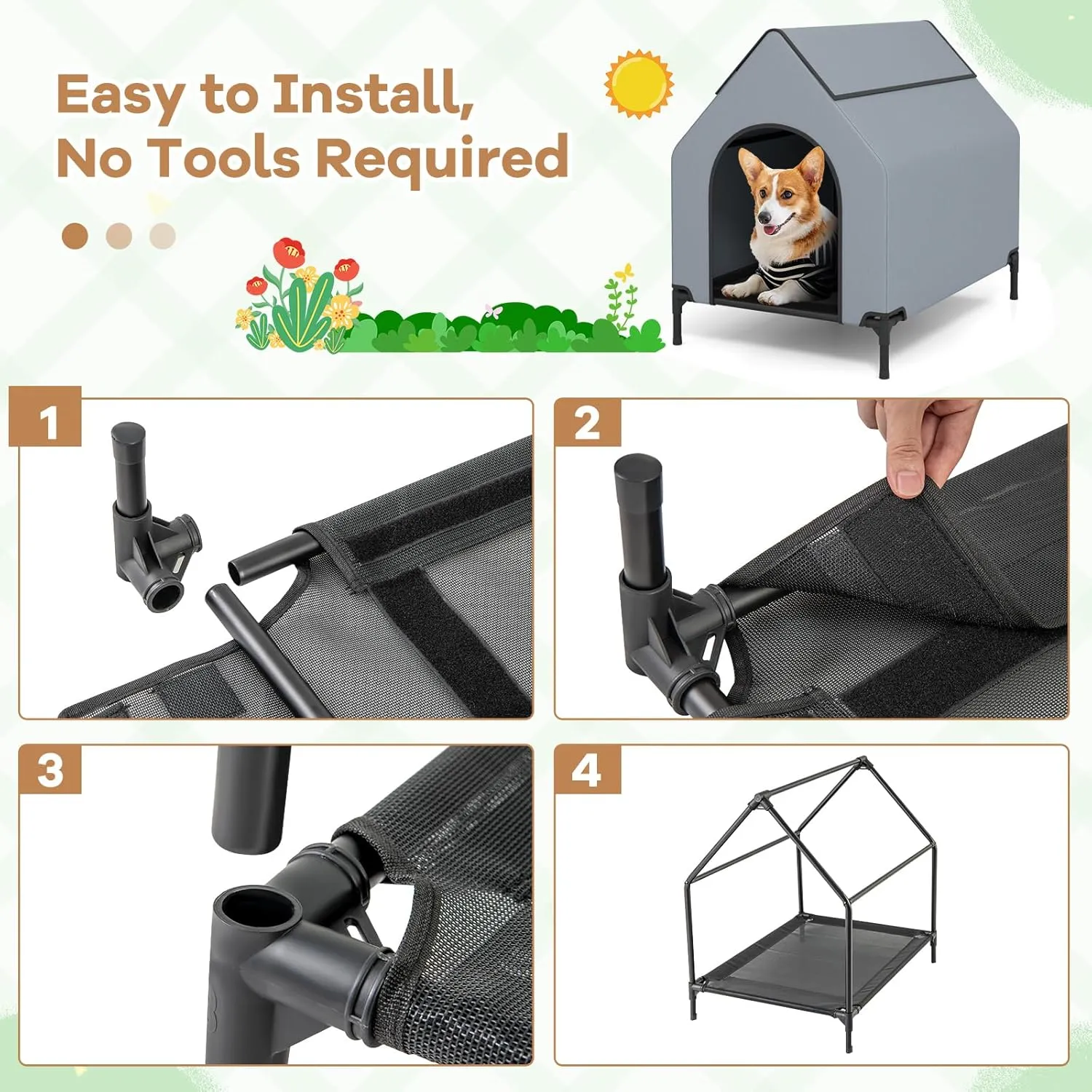 Giantex 36 inch Dog House Outdoor, Elevated Dog Bed with Weatherproof 600D Oxford Canopy, 2 Top Windows, Breathable Mesh Fabric Bed, Dog Tents Shelter Kennel, Medium Dog House, 36" L x 25" W x 34" H