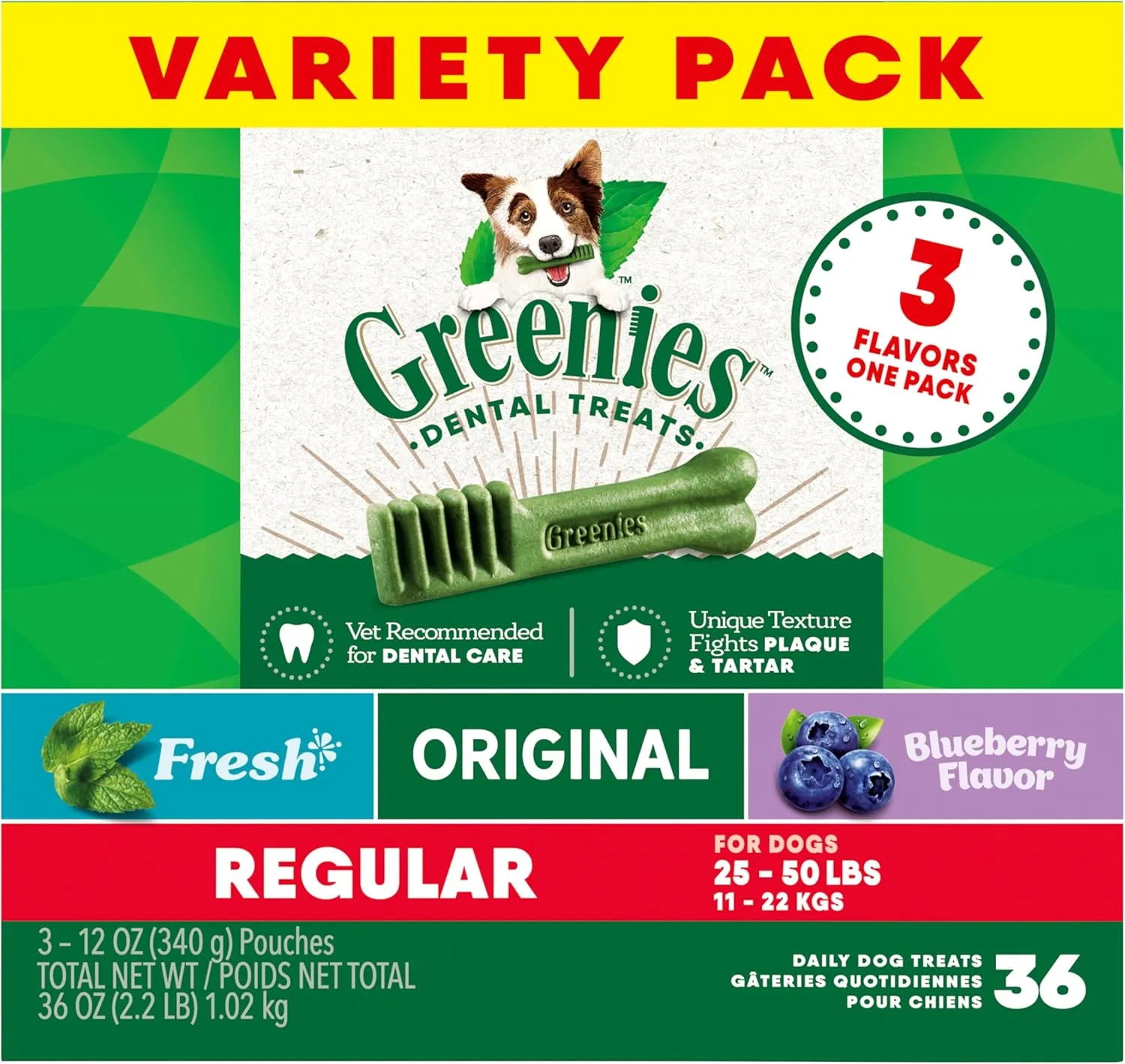 Greenies Regular Natural Dental Care Dog Treats, 3-Flavor Variety Pack, (3) 12 oz. Pouches, 36 Total Treats