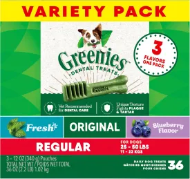 Greenies Regular Natural Dental Care Dog Treats, 3-Flavor Variety Pack, (3) 12 oz. Pouches, 36 Total Treats