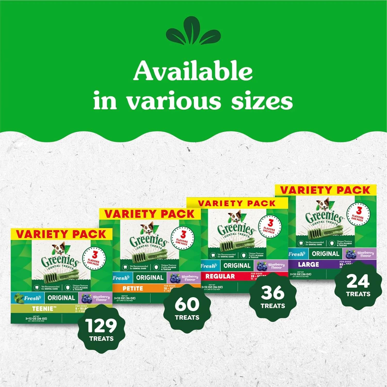 Greenies Regular Natural Dental Care Dog Treats, 3-Flavor Variety Pack, (3) 12 oz. Pouches, 36 Total Treats