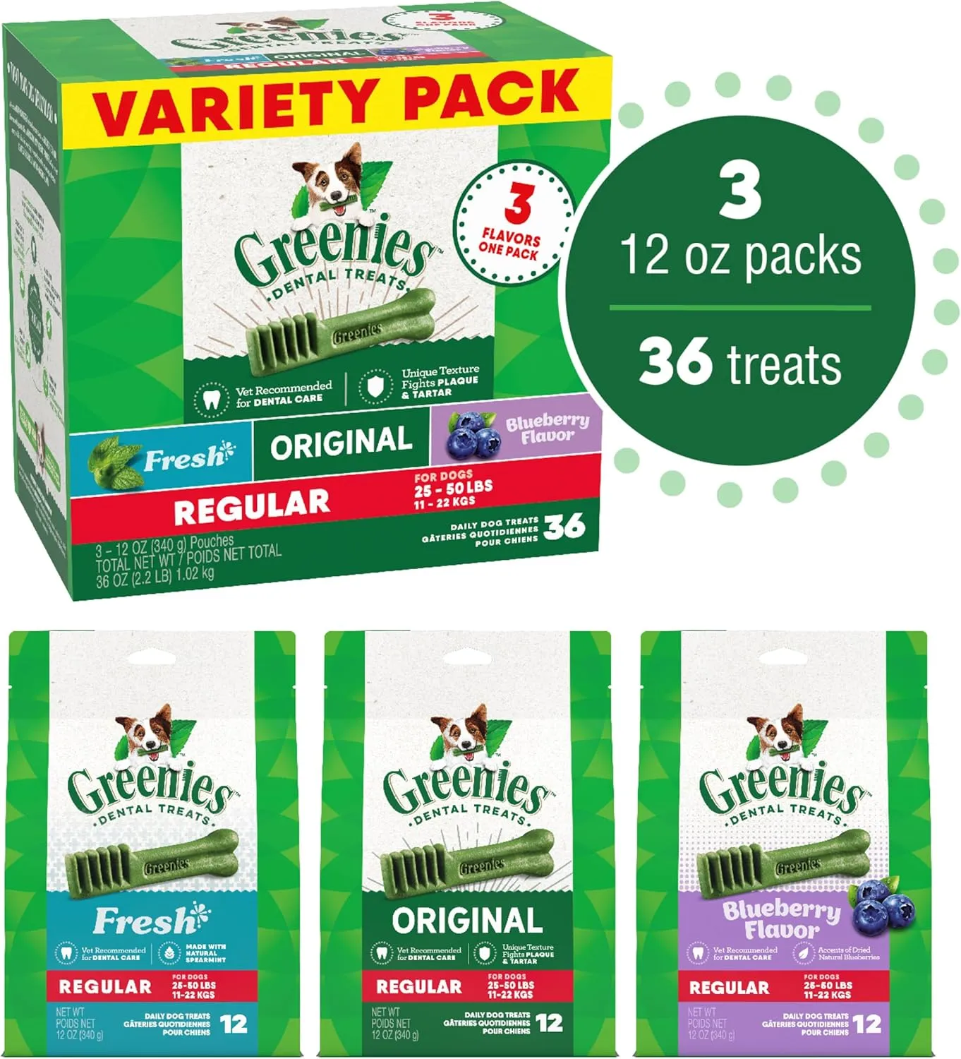 Greenies Regular Natural Dental Care Dog Treats, 3-Flavor Variety Pack, (3) 12 oz. Pouches, 36 Total Treats