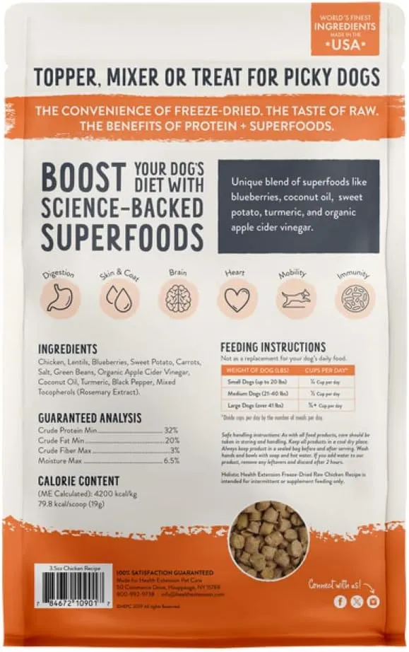Health Extension SuperBites Freeze-Dried Raw Chicken Meal Mixer for Dogs, (3.5 oz, 99.2 g)  Premium Blend with Raw Proteins and Superfoods for Optimal Nutrition