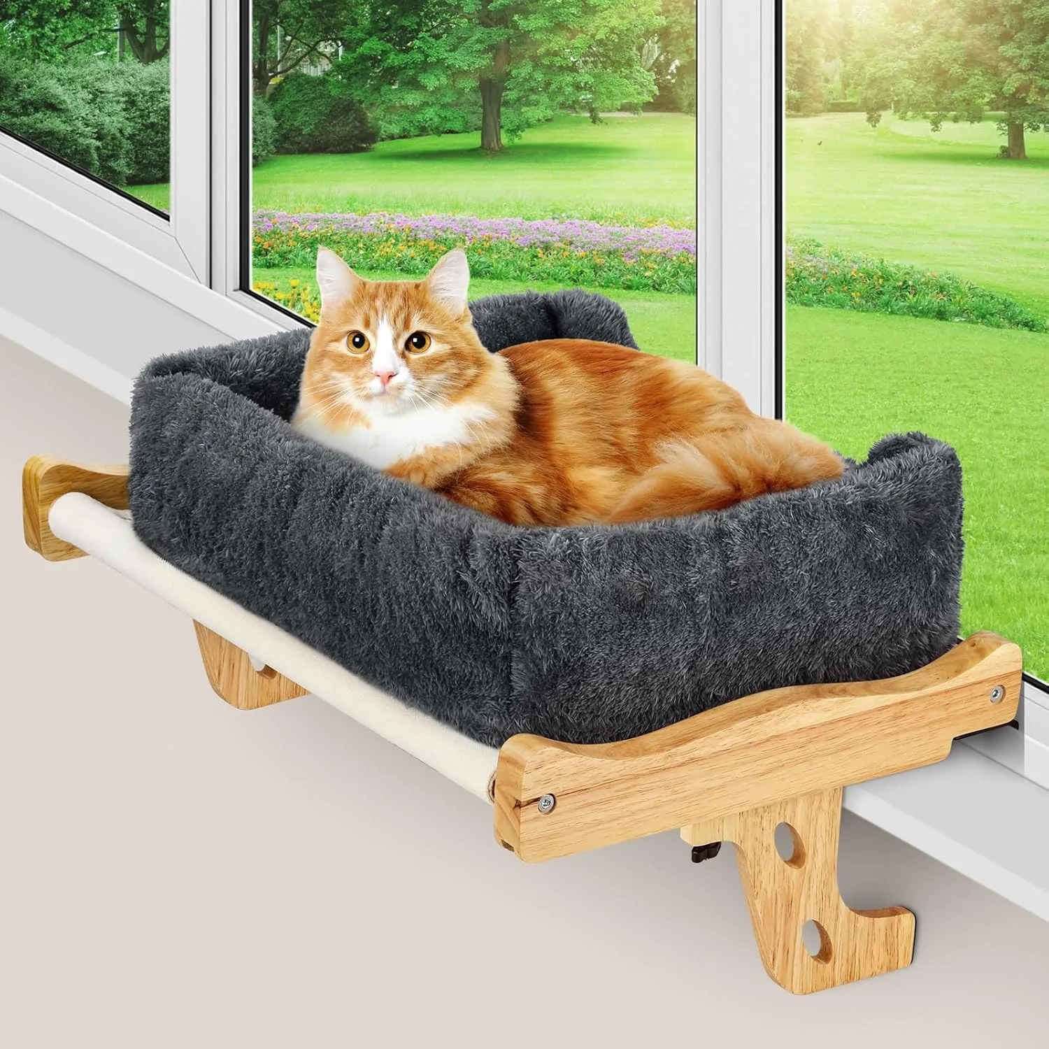 Heated Solid Wood Cat Window Perch, Removable Heating Pad for Cat Window Seat, 24H time Setting Cat Hammock with Wide Edge Cushion, Easy Clean Adjustable Cat Bed for Window Sill, Bedside, Drawer