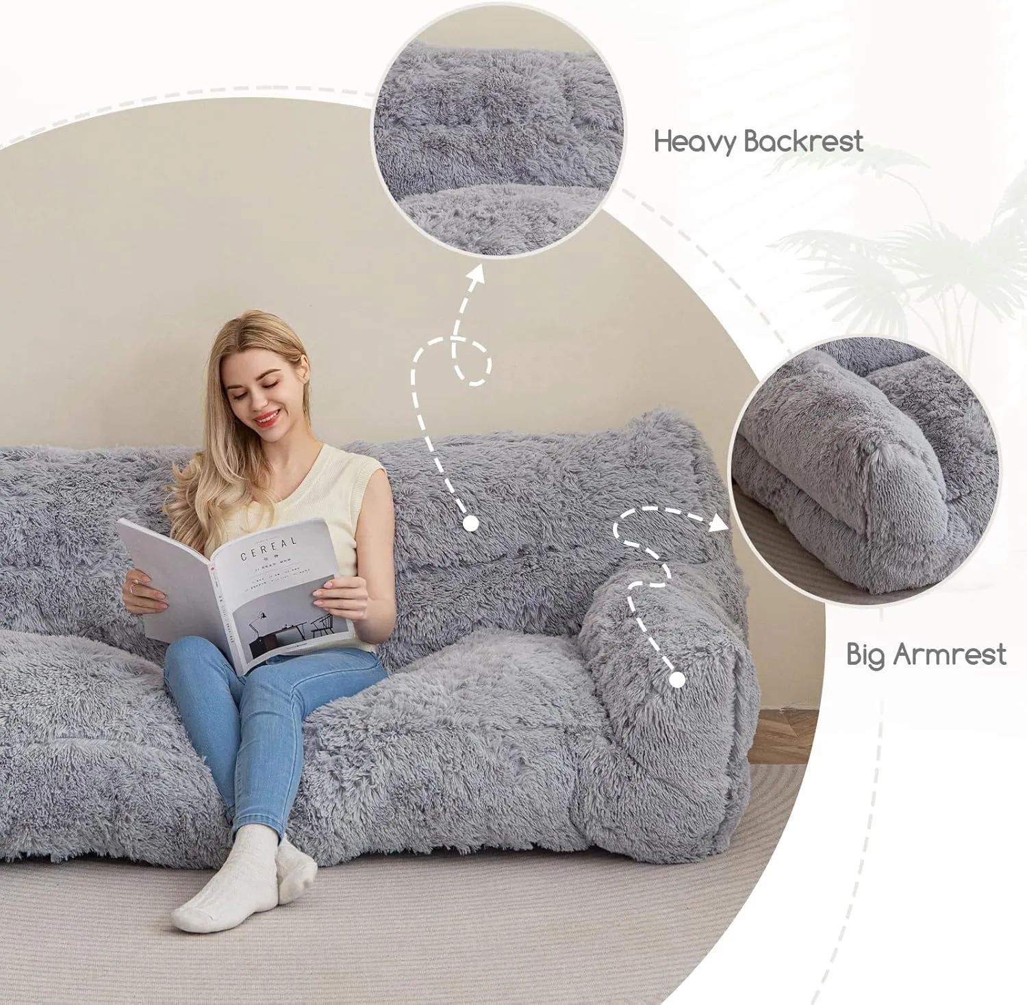 HIGOGOGO Giant Human Dog Sofa Bed, Big Comfy Floor Sofa Couch for Pet Families with Foam Chunk Supportive Mat, Fluffy Faux Fur Orthopedic Dog Bed for Human, XXXL Size, Grey