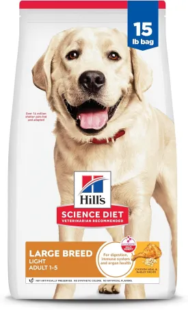 Hill's Science Diet Light , Adult 1-5, Large Breed Weight Management Support, Dry Dog Food, Chicken & Barley, 15 lb Bag