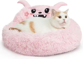 Hollypet Self-Warming Donut Pet Bed Luxury Cozy Nest Monster Sleeping Bed Round Faux Fur Bed for Cats, Pink