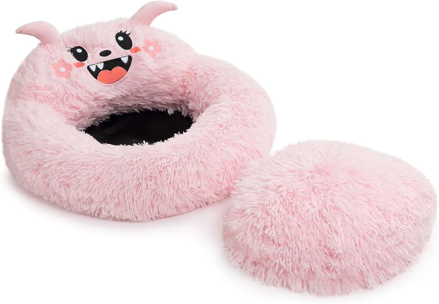 Hollypet Self-Warming Donut Pet Bed Luxury Cozy Nest Monster Sleeping Bed Round Faux Fur Bed for Cats, Pink