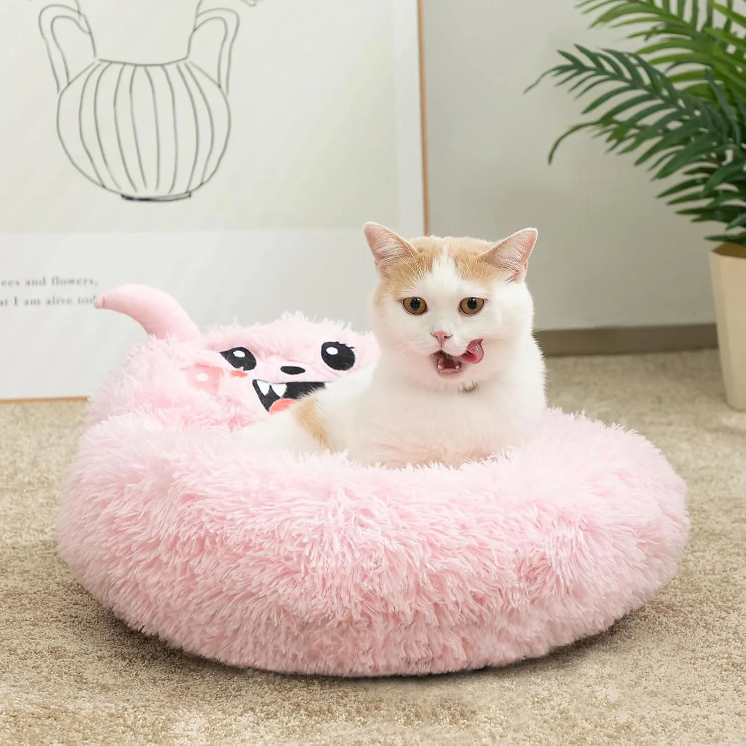 Hollypet Self-Warming Donut Pet Bed Luxury Cozy Nest Monster Sleeping Bed Round Faux Fur Bed for Cats, Pink