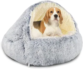 Hooded with Supports Dog Bed,Deluxe Plush Dog Cave Bed for Medium Small Dogs Cats Under 22 lbs/10kg, Warming Cozy Soft Faux Fur Donut Pet Bed,Removable Washable Cover and Anti Slip Bottom