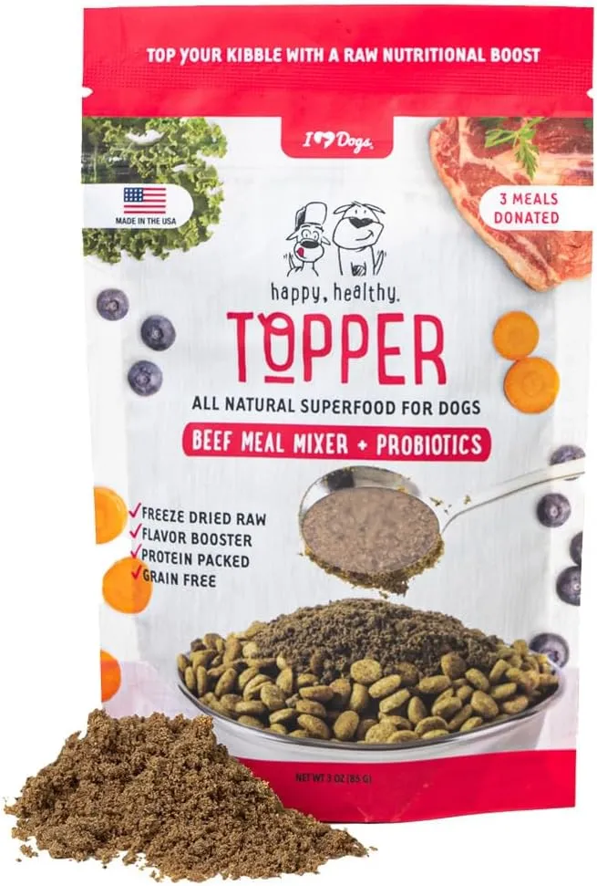 iHeartDogs Dog Food Topper - Freeze-Dried Raw Dog Food Seasoning with Collagen Peptides - Grain Free Superfood Meal Mixer (Beef, 3 Ounce)