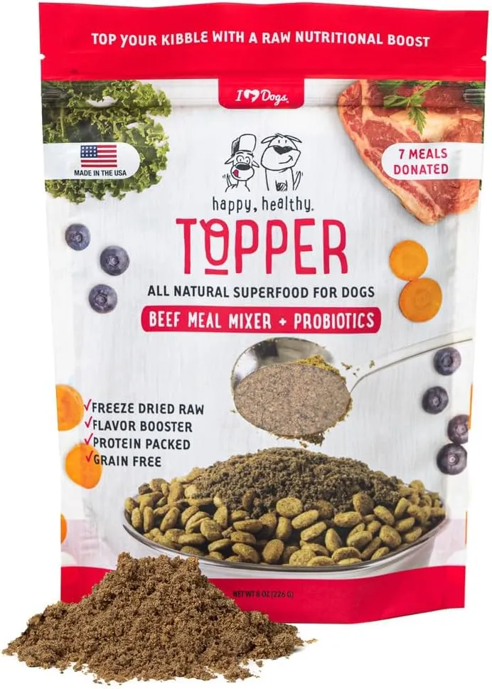 iHeartDogs Dog Food Topper - Freeze-Dried Raw Dog Food Seasoning with Collagen Peptides - Grain Free Superfood Meal Mixer (Beef, 8 Ounce)