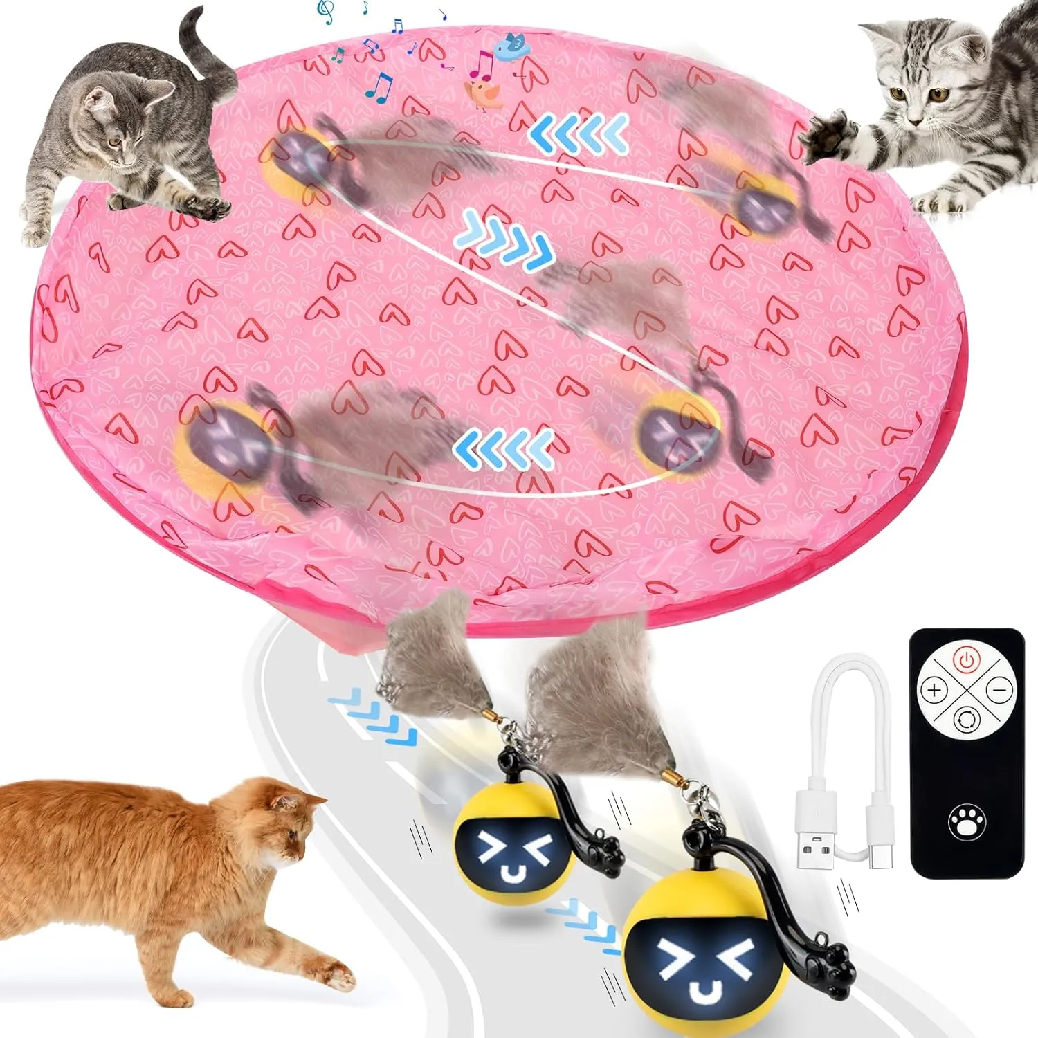 Interactive Cat Toy Ball, Smart Rolling Hide and Seek Cat Toy for Indoor Cats, Remote Control Motion Activated Chirping Hunting Toy in Pouch (Pink)