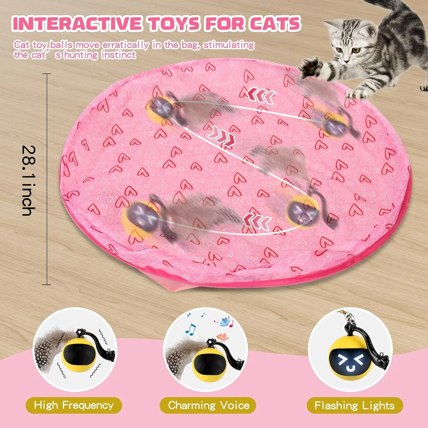 Interactive Cat Toy Ball, Smart Rolling Hide and Seek Cat Toy for Indoor Cats, Remote Control Motion Activated Chirping Hunting Toy in Pouch (Pink)