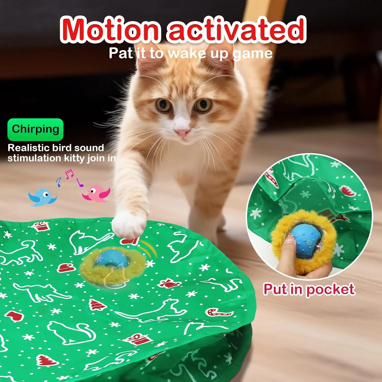 Interactive Cat Toys Ball Fast Rolling in Pocket, Motion Activate Chirping Cat Toy Hide and Seek Mouse Catching Game
