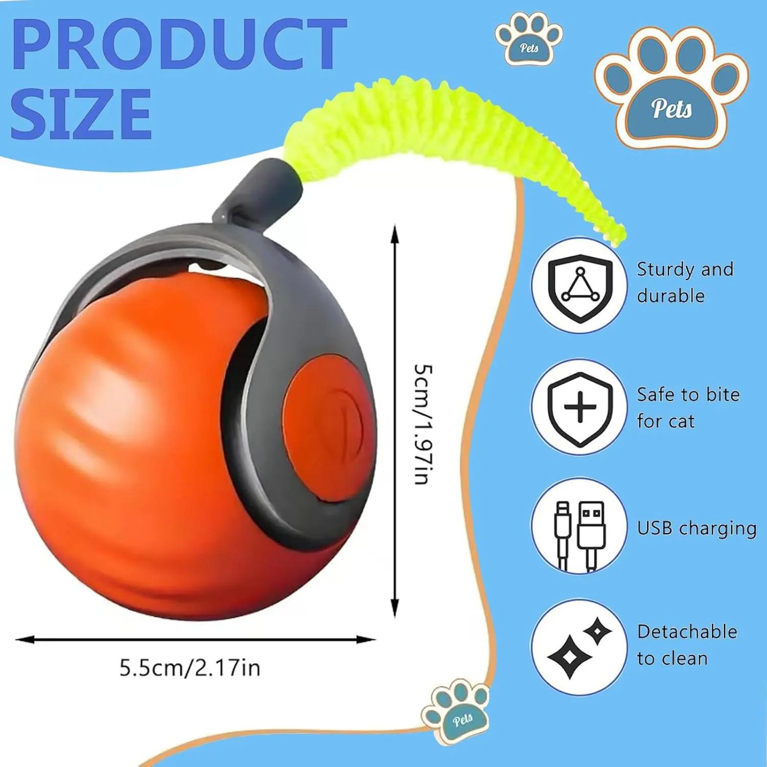 Interactive Cats Toys for Indoor,Automatic Moving Toy Ball, Smart Interactive Toy Balls, Self-Rolling Cat Toy Ball with Tail, Two-Speed FunctionOrange