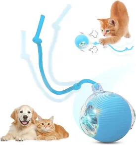 Interactive Electric Automatic Rolling Moving USB Rechargeable Self Activated Play Stimulation Toy Smart Chase Teaser Ball with Speedy Tail Rope for Bored Adult Indoor Cats and Dogs, Blue
