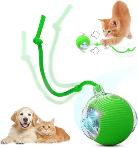 Interactive Electric Automatic Rolling Moving USB Rechargeable Self Activated Play Stimulation Toy Smart Chase Teaser Ball with Speedy Tail Rope for Bored Adult Indoor Cats and Dogs, Green