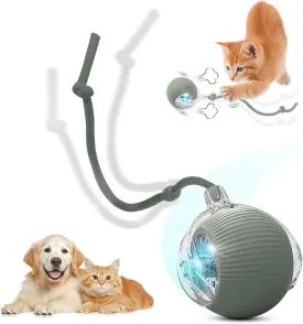 Interactive Electric Automatic Rolling Moving USB Rechargeable Self Activated Play Stimulation Toy Smart Chase Teaser Ball with Speedy Tail Rope for Bored Adult Indoor Cats and Dogs, Grey