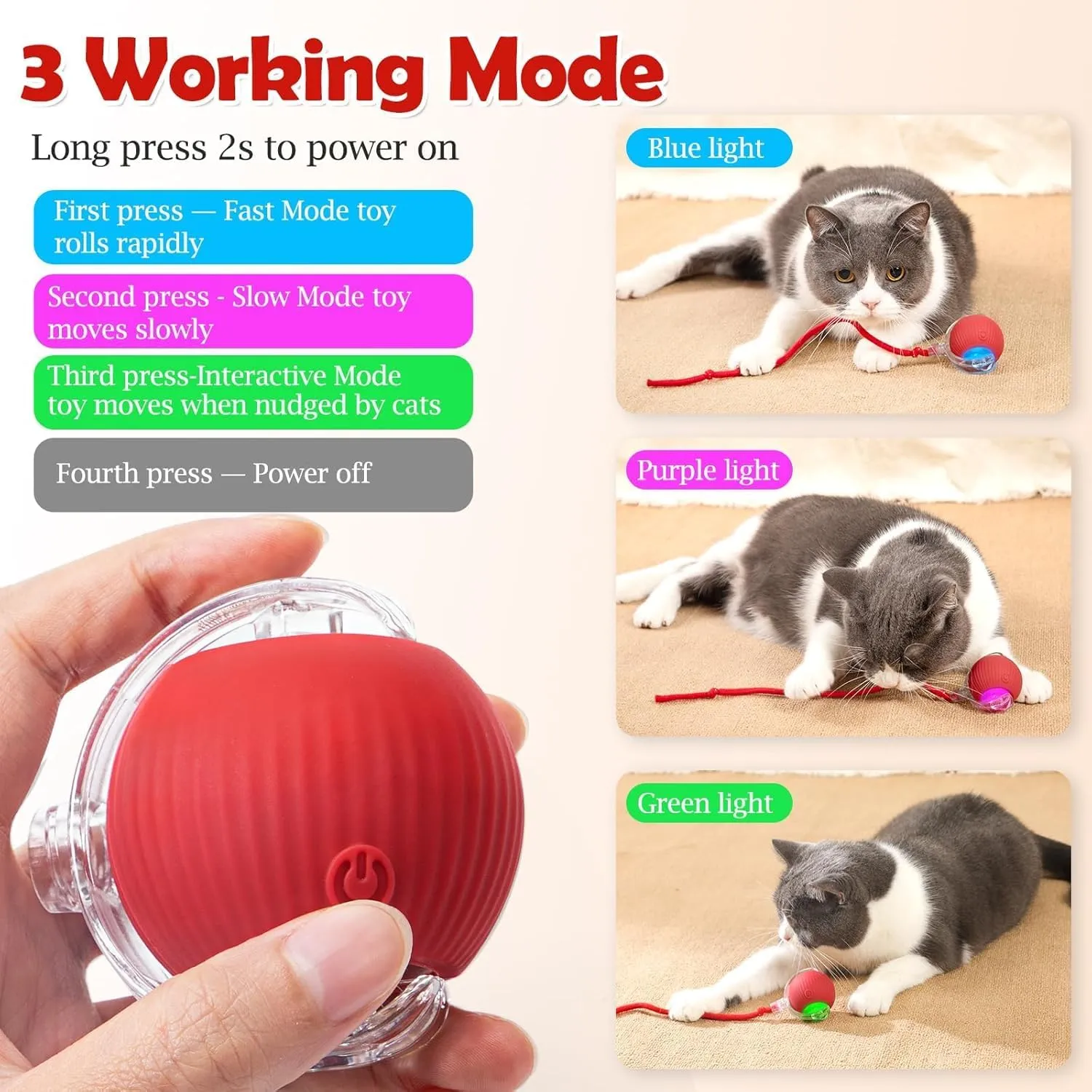 Interactive Electric Automatic Rolling Moving USB Rechargeable Self Activated Play Stimulation Toy Smart Chase Teaser Ball with Speedy Tail Rope for Bored Adult Indoor Cats and Dogs, Grey