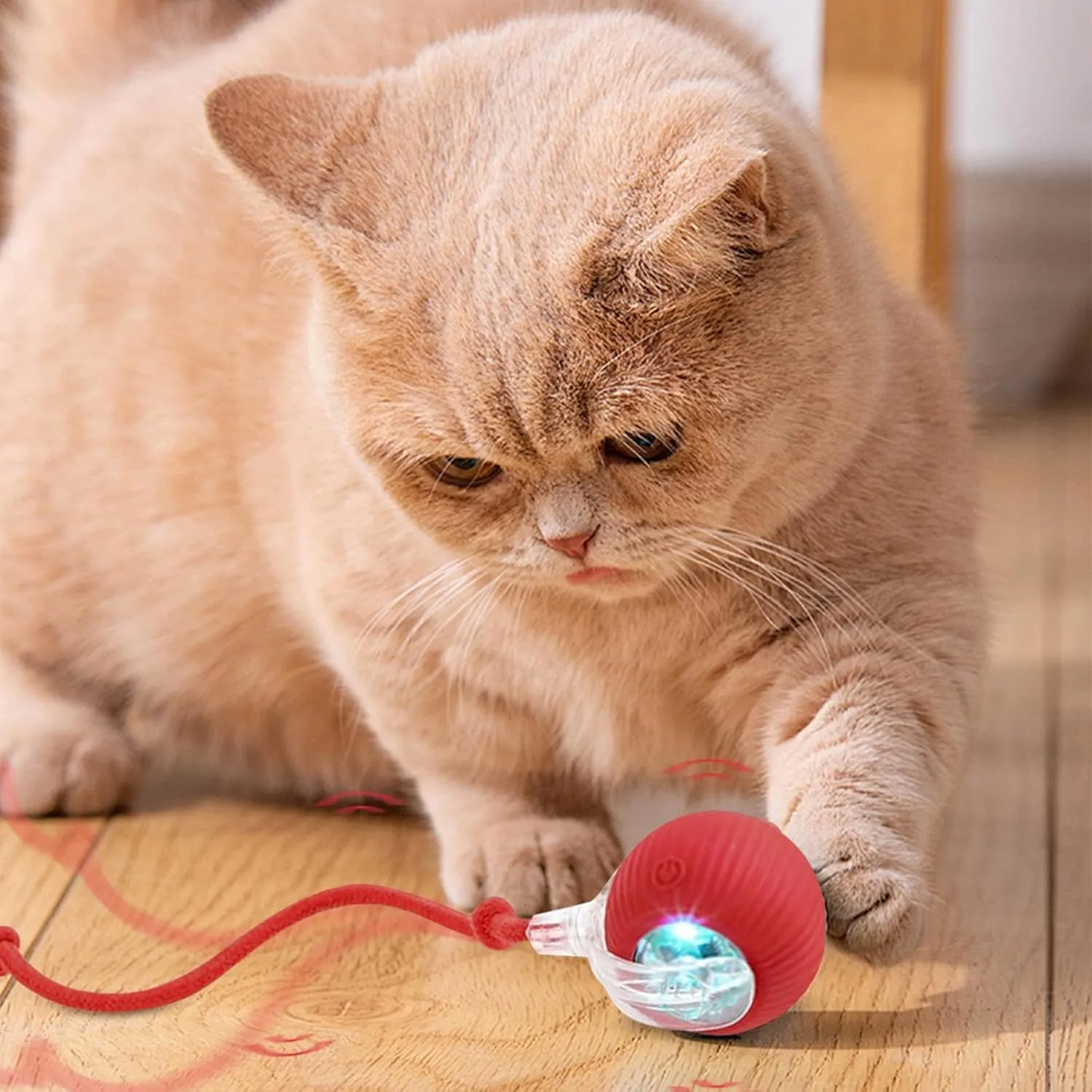 Interactive Electric Automatic Rolling Moving USB Rechargeable Self Activated Play Stimulation Toy Smart Chase Teaser Ball with Speedy Tail Rope for Bored Adult Indoor Cats and Dogs, Grey
