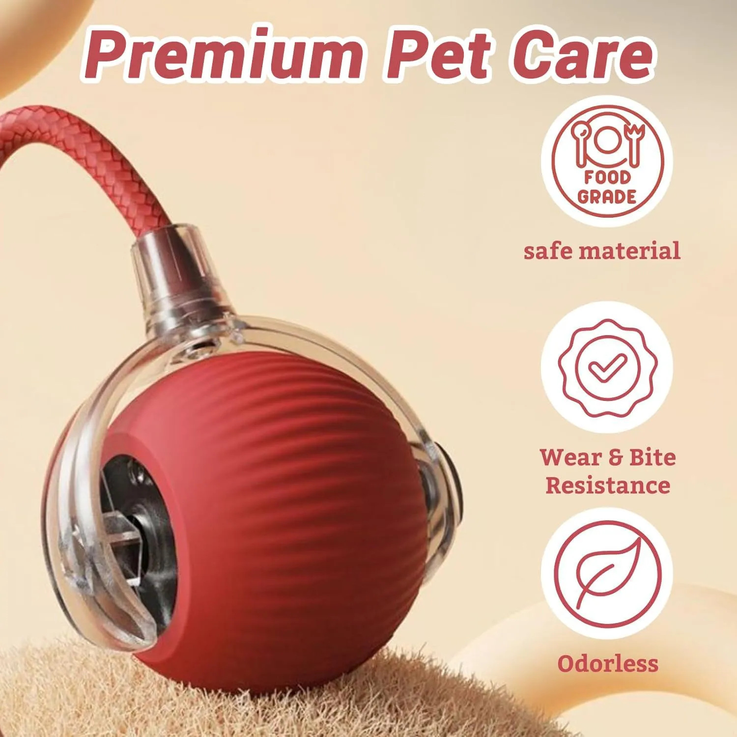 Interactive Electric Automatic Rolling Moving USB Rechargeable Self Activated Play Stimulation Toy Smart Chase Teaser Ball with Speedy Tail Rope for Bored Adult Indoor Cats and Dogs, Grey