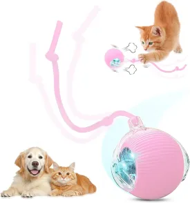 Interactive Electric Automatic Rolling Moving USB Rechargeable Self Activated Play Stimulation Toy Smart Chase Teaser Ball with Speedy Tail Rope for Bored Adult Indoor Cats and Dogs, Pink