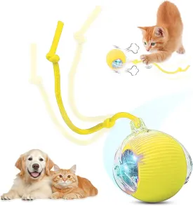 Interactive Electric Automatic Rolling Moving USB Rechargeable Self Activated Play Stimulation Toy Smart Chase Teaser Ball with Speedy Tail Rope for Bored Adult Indoor Cats and Dogs, Yellow