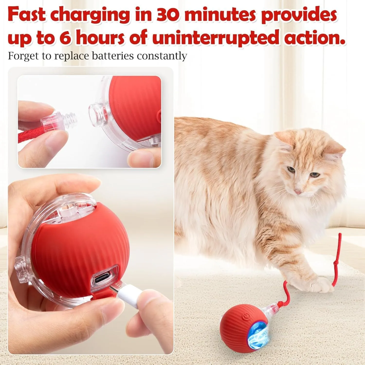 Interactive Electric Automatic Rolling Moving USB Rechargeable Self Activated Play Stimulation Toy Smart Chase Teaser Ball with Speedy Tail Rope for Bored Adult Indoor Cats and Dogs, Yellow