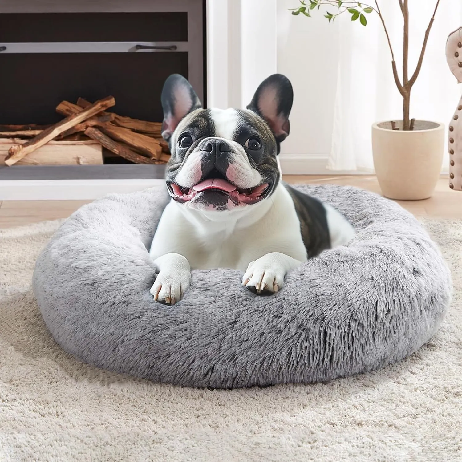 JOLLYVOGUE Calming Dog & Cat Bed for Small Dogs, Anti-Anxiety Donut Cuddler Cozy Soft Round Bed with Anti-Slip Bottom, Fluffy Faux Fur Plush Cushion Beds for Small Medium Dogs (20")
