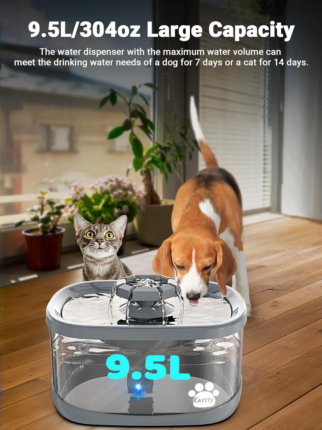 Kastty 2.5Gal/9.5L Dog Water Fountain Extra Large Pet Water Fountain 3 Flow Modes Cat Water Fountain Larger Filter Filtration& Smart LED Pump& Safe Touch, BPA-Free, Quiet, Ideal for Large Dogs Pets