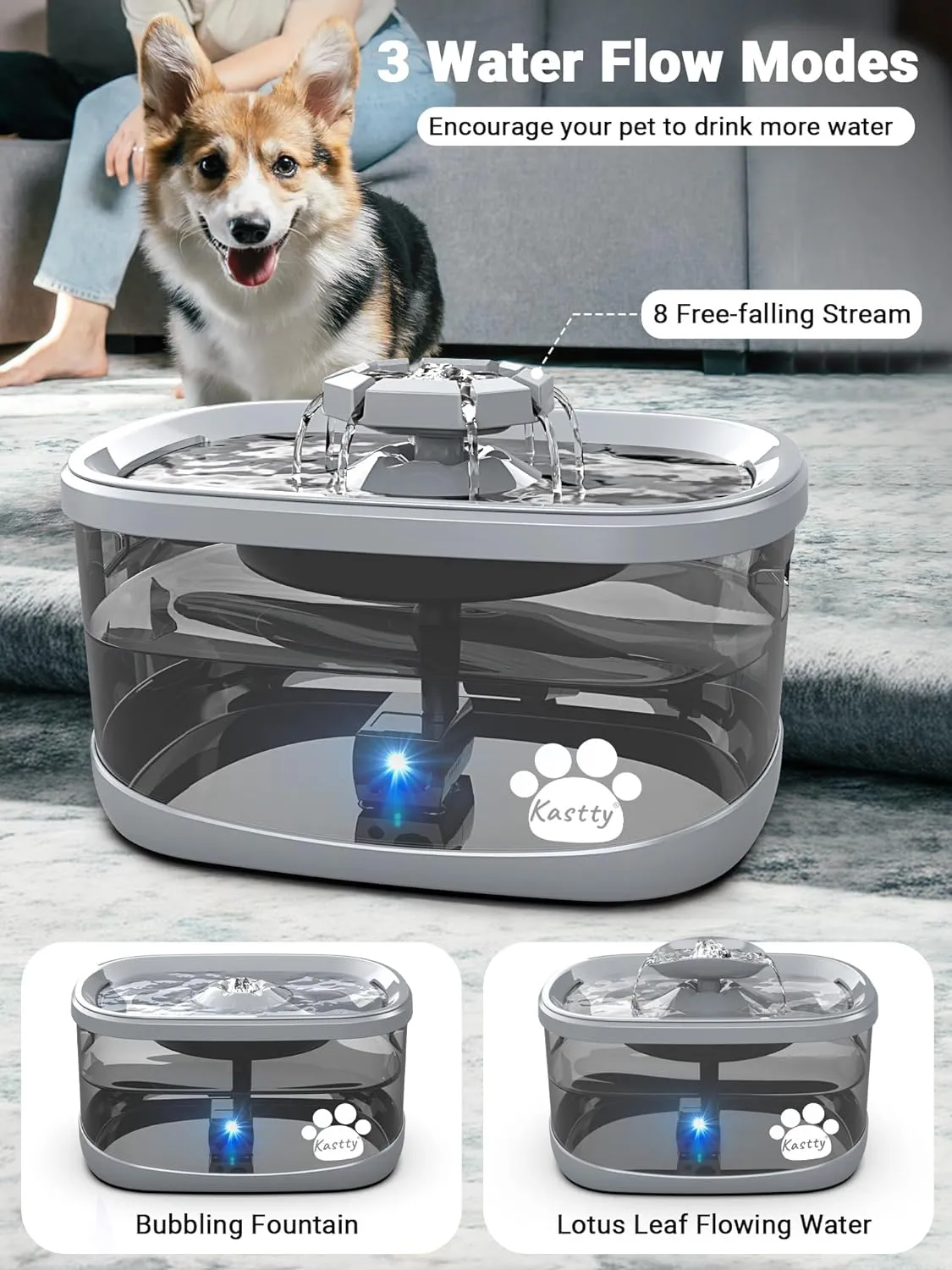 Kastty 2.5Gal/9.5L Dog Water Fountain Extra Large Pet Water Fountain 3 Flow Modes Cat Water Fountain Larger Filter Filtration& Smart LED Pump& Safe Touch, BPA-Free, Quiet, Ideal for Large Dogs Pets
