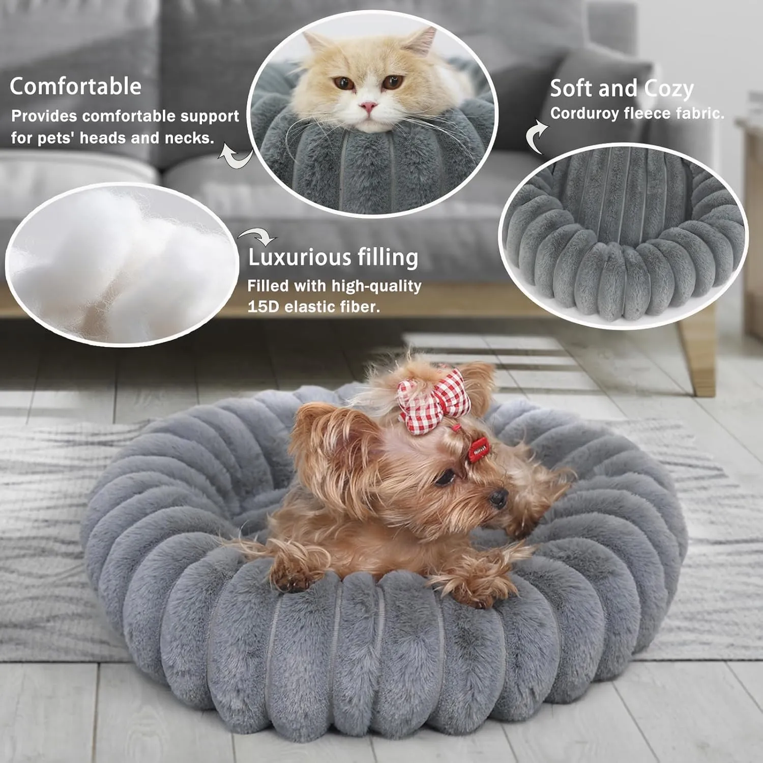 Kitten Beds for Indoor Cats - Soft Cozy Small Cat Bed Washable 16 Inches,Calming Anti-Slip Round Fluffy Plush Faux Fur Pet Bed for Puppy and Kitten up to 5 lbs,Warm Grey