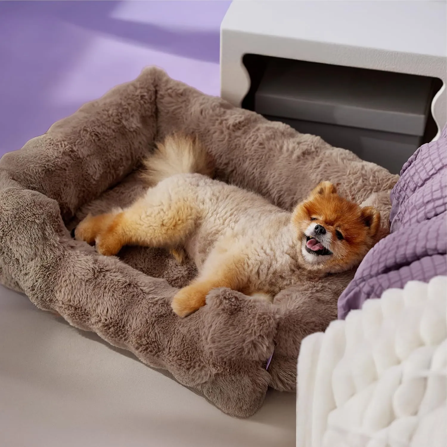Lesure Fluffy Dog Beds for Small Dogs - Orthopedic Rectangle Calming Pet Sofa, Plush Bubble Bolster Puppy Bed with Removable Washable Cover and Nonskid Bottom,25x21x7inches,Brown