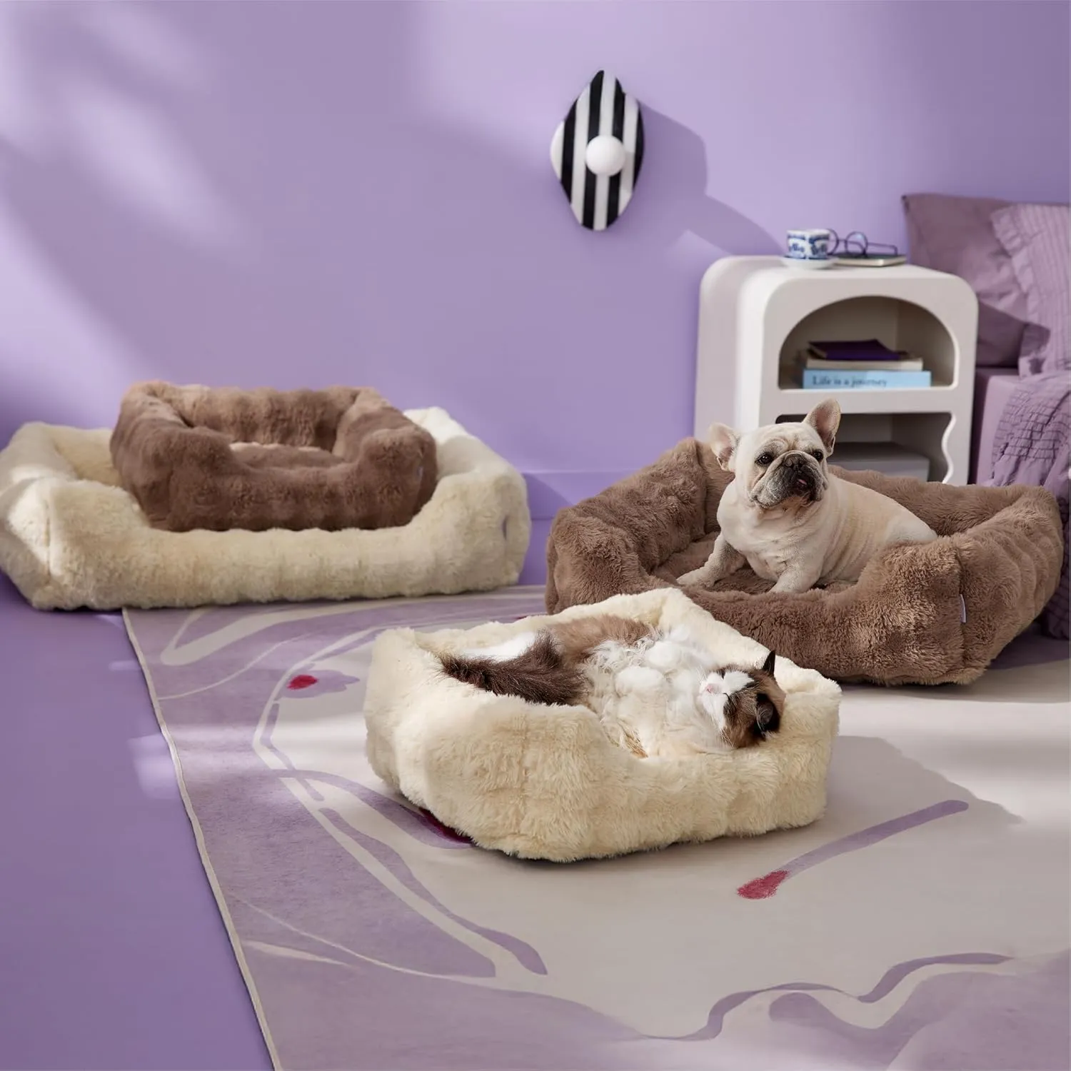 Lesure Fluffy Dog Beds for Small Dogs - Orthopedic Rectangle Calming Pet Sofa, Plush Bubble Bolster Puppy Bed with Removable Washable Cover and Nonskid Bottom,25x21x7inches,Brown