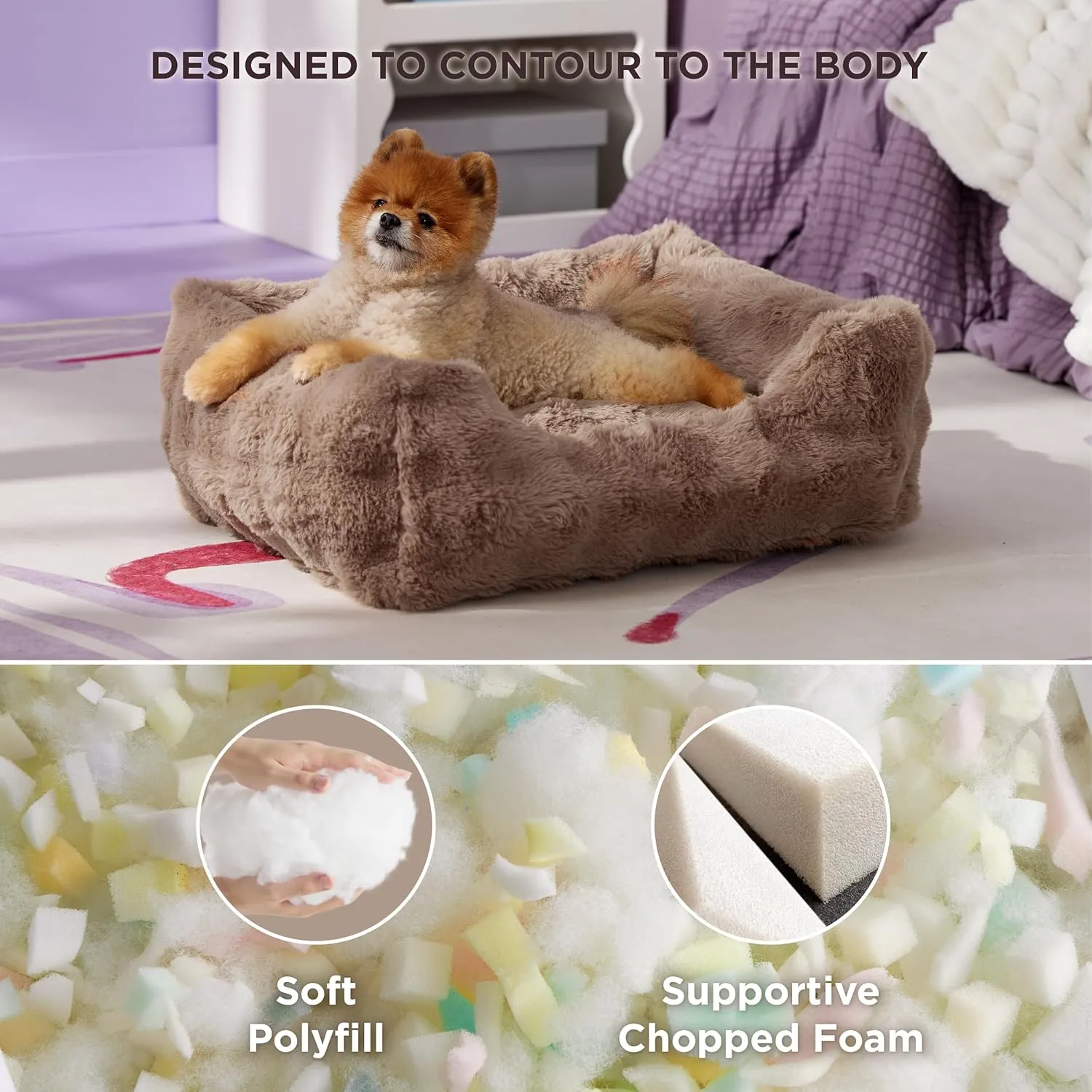 Lesure Fluffy Dog Beds for Small Dogs - Orthopedic Rectangle Calming Pet Sofa, Plush Bubble Bolster Puppy Bed with Removable Washable Cover and Nonskid Bottom,25x21x7inches,Brown