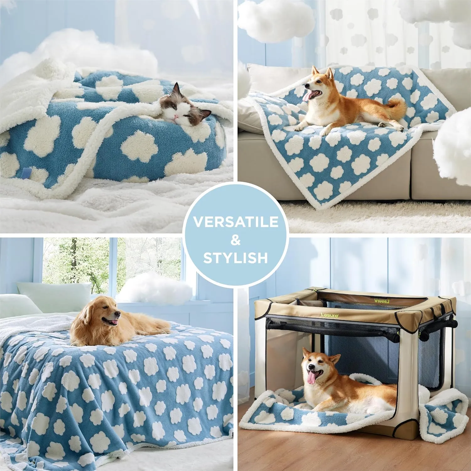Lesure Waterproof Dog Blanket for Medium Dogs - Washable Double Sided Dog Blankets with Warm Jacquard Shag and Soft Sherpa Fleece, Pet Cat Blanket for Couch Protection, 3D Textured Cloud, Blue