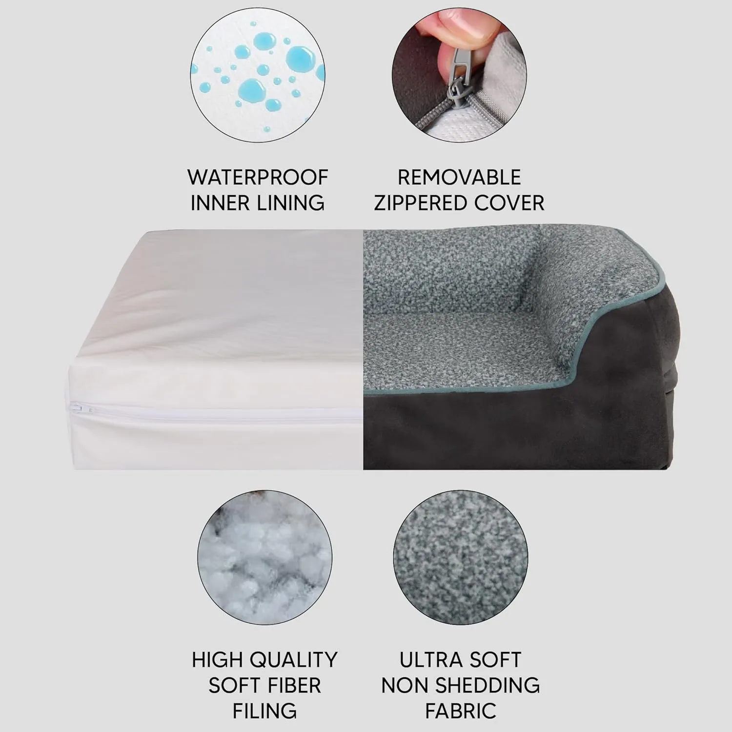 Memory Foam Dog Bed for Small Sized Dogs. Washable Dog Bed with Removable Cover, Removable Waterproof Cover, Dog Sofa Bed with Bolster, nonskid Bottom. Grey