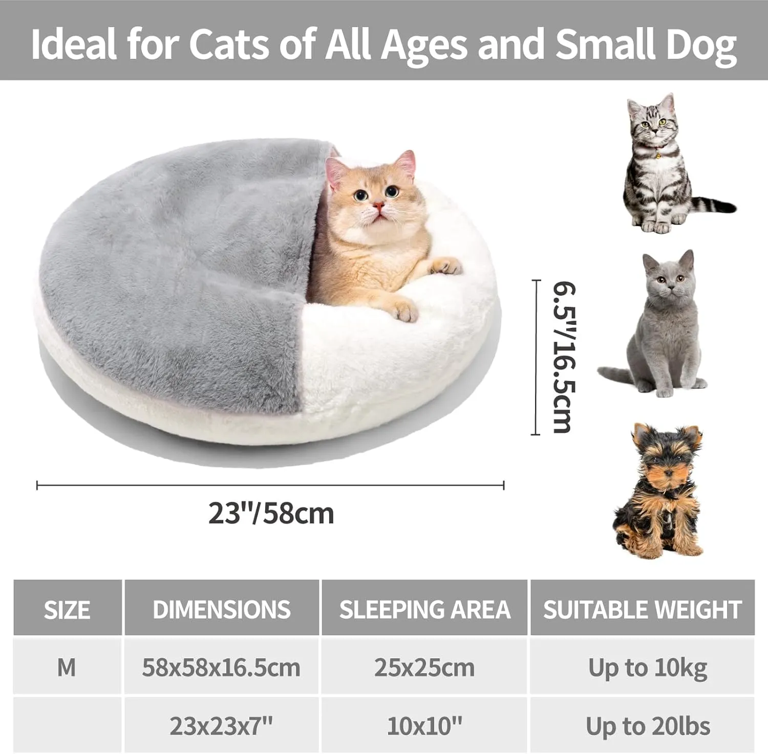 MEWOOFUN Cat Bed Cave - Cute Enclosed Bed With Blanket for Cats and Small Dogs, Washable with Non-Slip Base, for Kitten and Puppy (22' x 22'), White