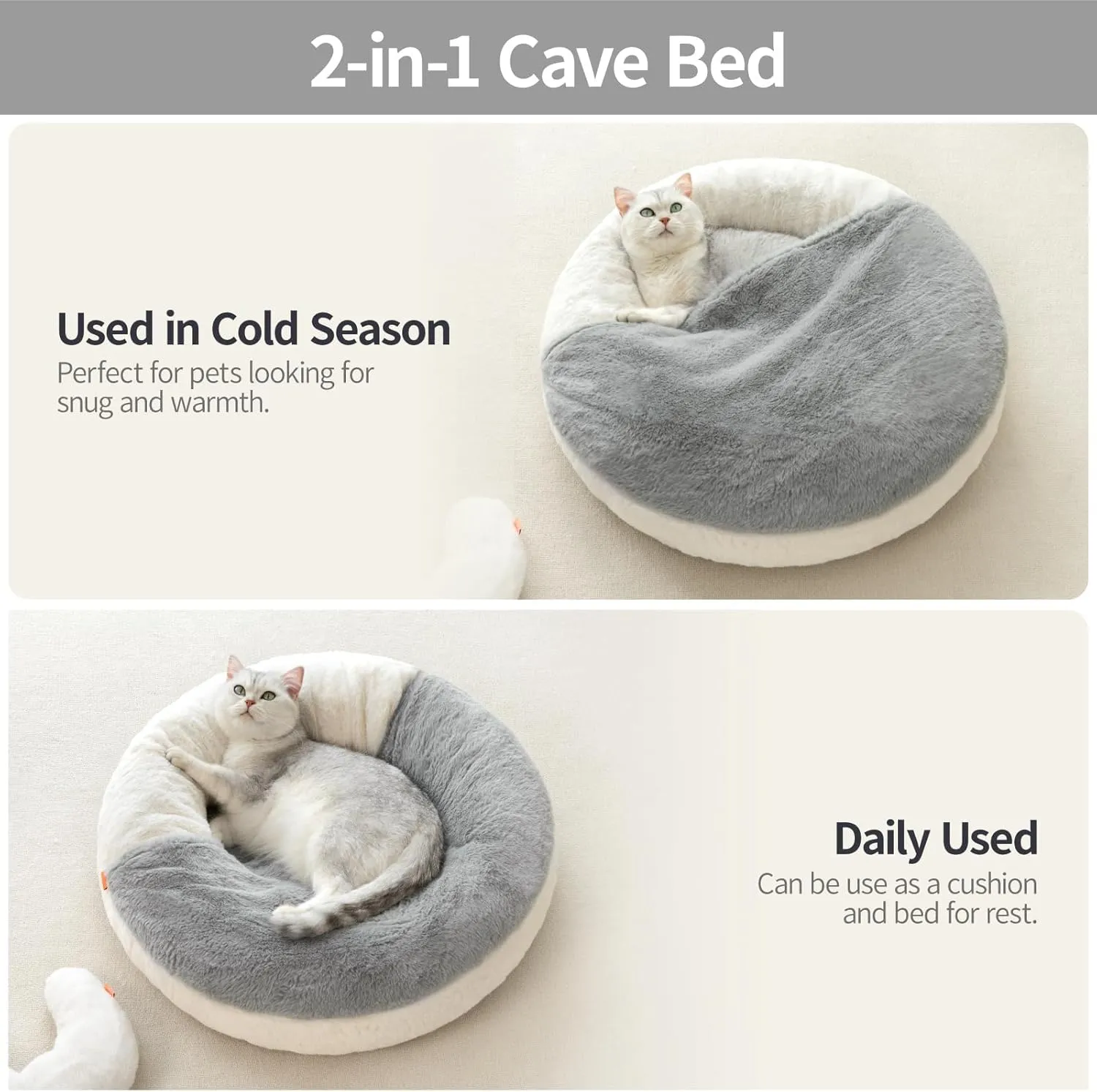 MEWOOFUN Cat Bed Cave - Cute Enclosed Bed With Blanket for Cats and Small Dogs, Washable with Non-Slip Base, for Kitten and Puppy (22' x 22'), White