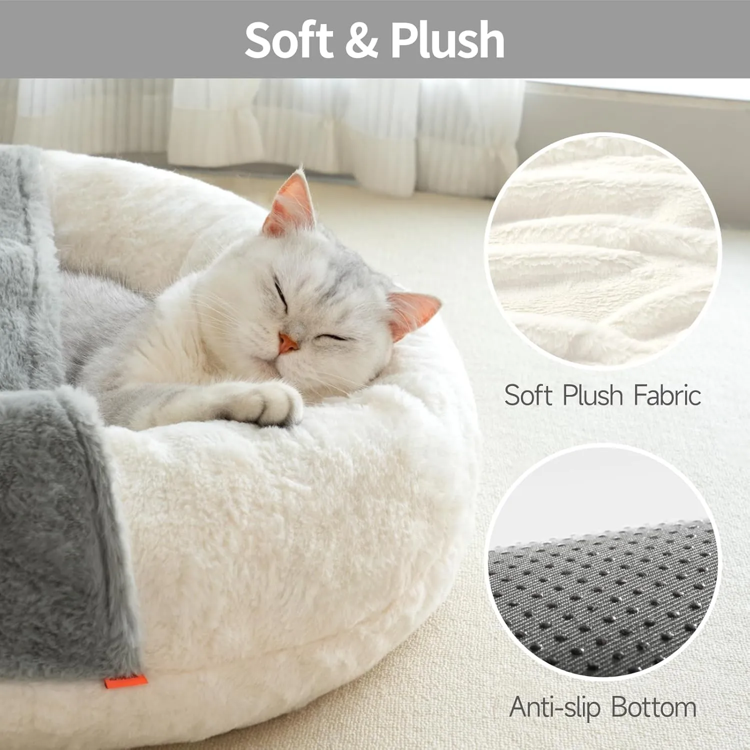 MEWOOFUN Cat Bed Cave - Cute Enclosed Bed With Blanket for Cats and Small Dogs, Washable with Non-Slip Base, for Kitten and Puppy (22' x 22'), White