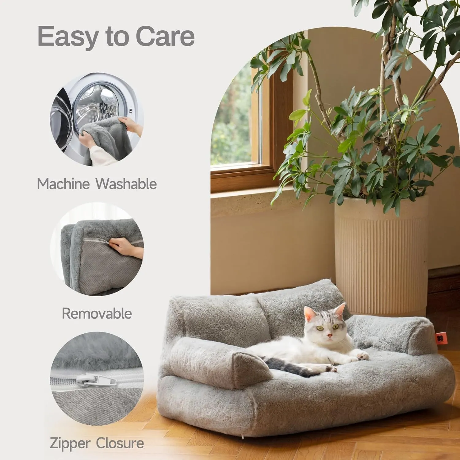 MEWOOFUN Cat Bed for Indoor Cats, Washable Dog Beds for Small Dogs & Cats with Removable Cover, Fluffy Cat Couch with Non-Slip Bottom (Grey, 26.0" L X 19.0" W X 13.0" Th)