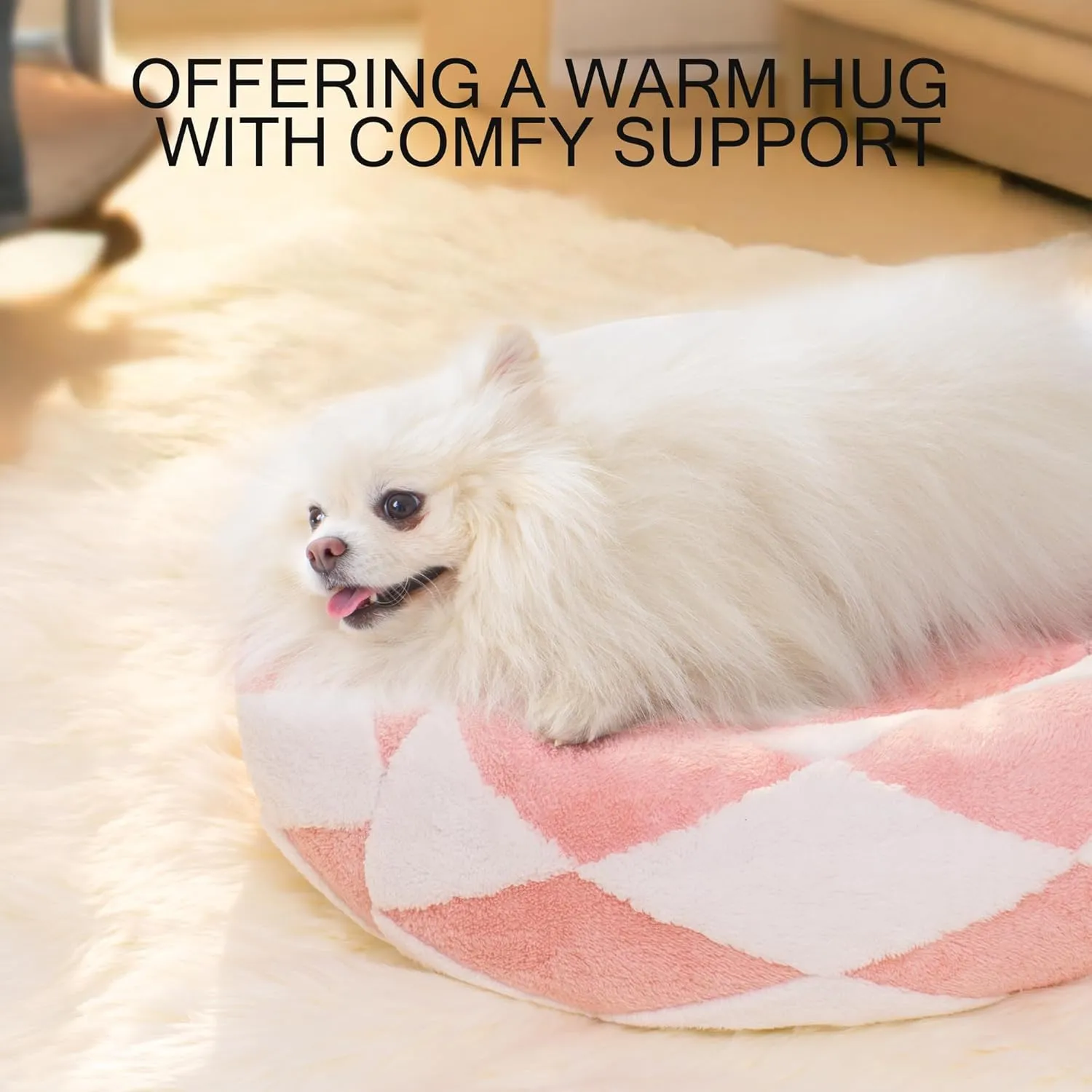 MEWOOFUN Cat Beds for Indoor Cats, Washable Cute Cat Bed Donut Small Dog Bed, Calming Pet Bed with Jacquard Shaggy Plush & Non-Slip Bottom, Ped Bed for Puppy and Kitten (23 inch, Pink Check Plush)