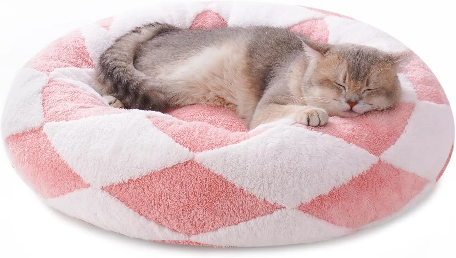 MEWOOFUN Cat Beds for Indoor Cats, Washable Cute Cat Bed Donut Small Dog Bed, Calming Pet Bed with Jacquard Shaggy Plush & Non-Slip Bottom, Ped Bed for Puppy and Kitten (23 inch, Pink Check Plush)