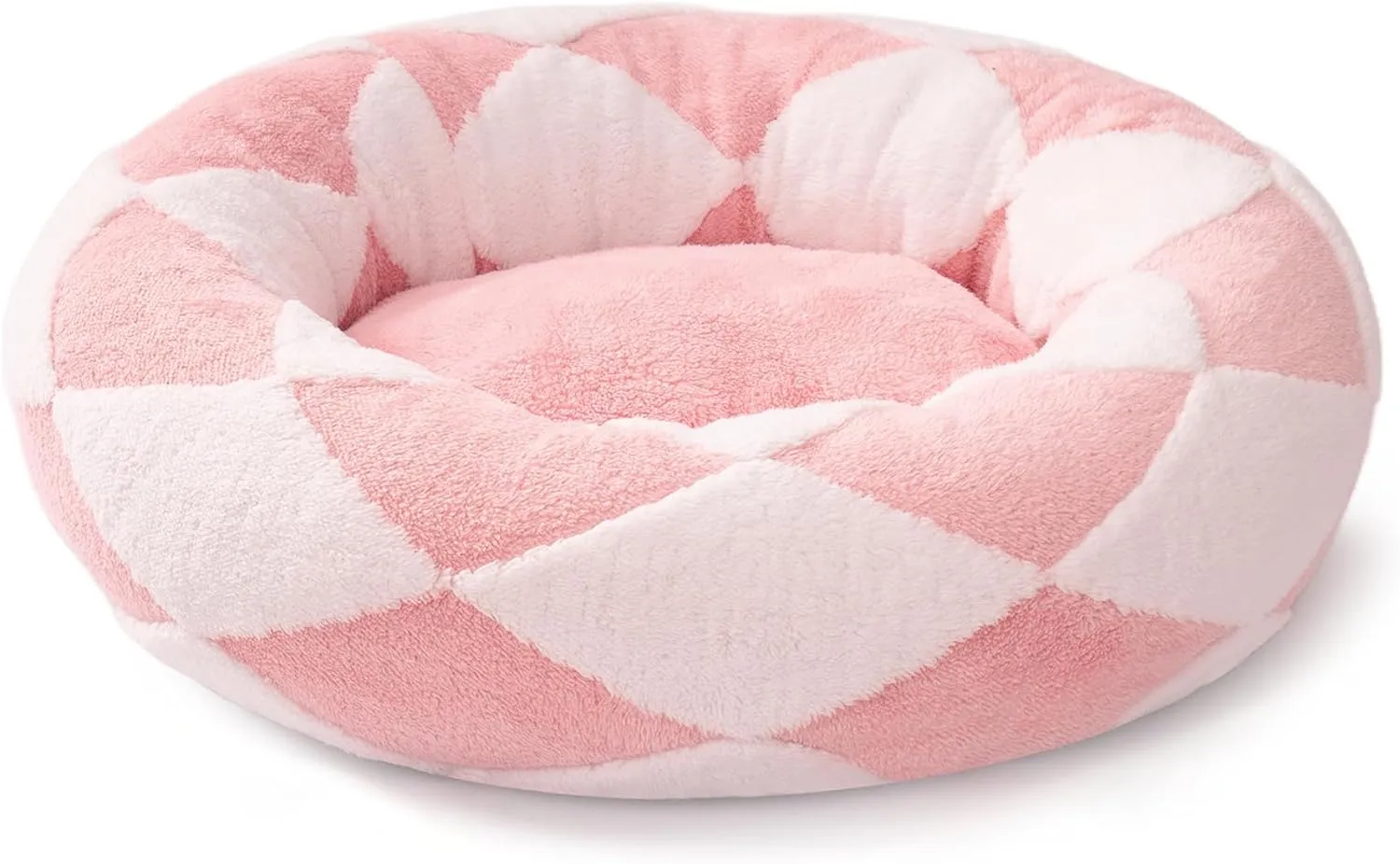 MEWOOFUN Cat Beds for Indoor Cats, Washable Cute Cat Bed Donut Small Dog Bed, Calming Pet Bed with Jacquard Shaggy Plush & Non-Slip Bottom, Ped Bed for Puppy and Kitten (23 inch, Pink Check Plush)
