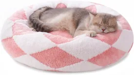 MEWOOFUN Cat Beds for Indoor Cats, Washable Cute Cat Bed Donut Small Dog Bed, Calming Pet Bed with Jacquard Shaggy Plush & Non-Slip Bottom, Ped Bed for Puppy and Kitten (23 inch, Pink Check Plush)