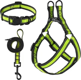 Mile High Life Night Reflective Double Adjustable Band Nylon Small Puppy Pet Dog Combo Collar Leash and Harness Set (Reflective Edge Lime Green, Mediun (Pack of 3))