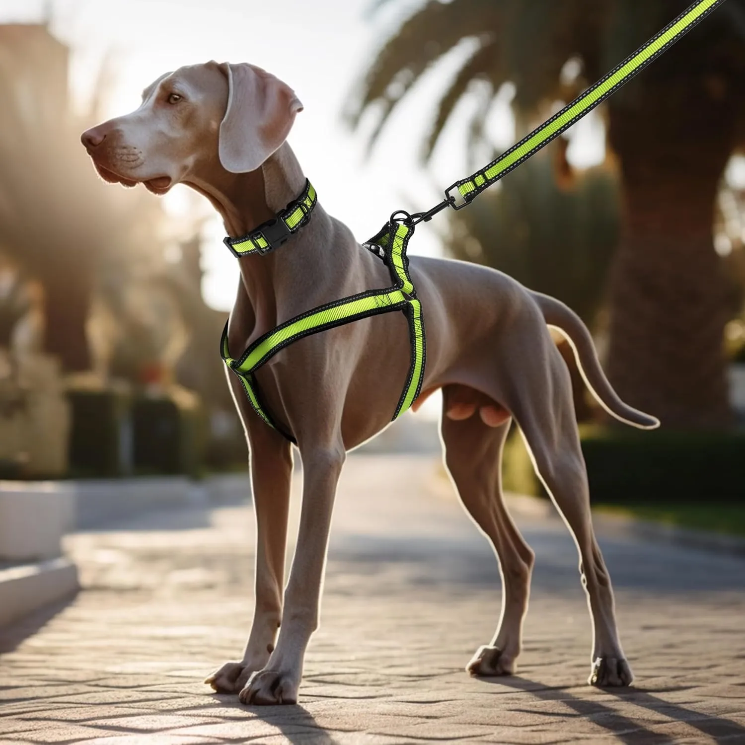 Mile High Life Night Reflective Double Adjustable Band Nylon Small Puppy Pet Dog Combo Collar Leash and Harness Set (Reflective Edge Lime Green, Mediun (Pack of 3))