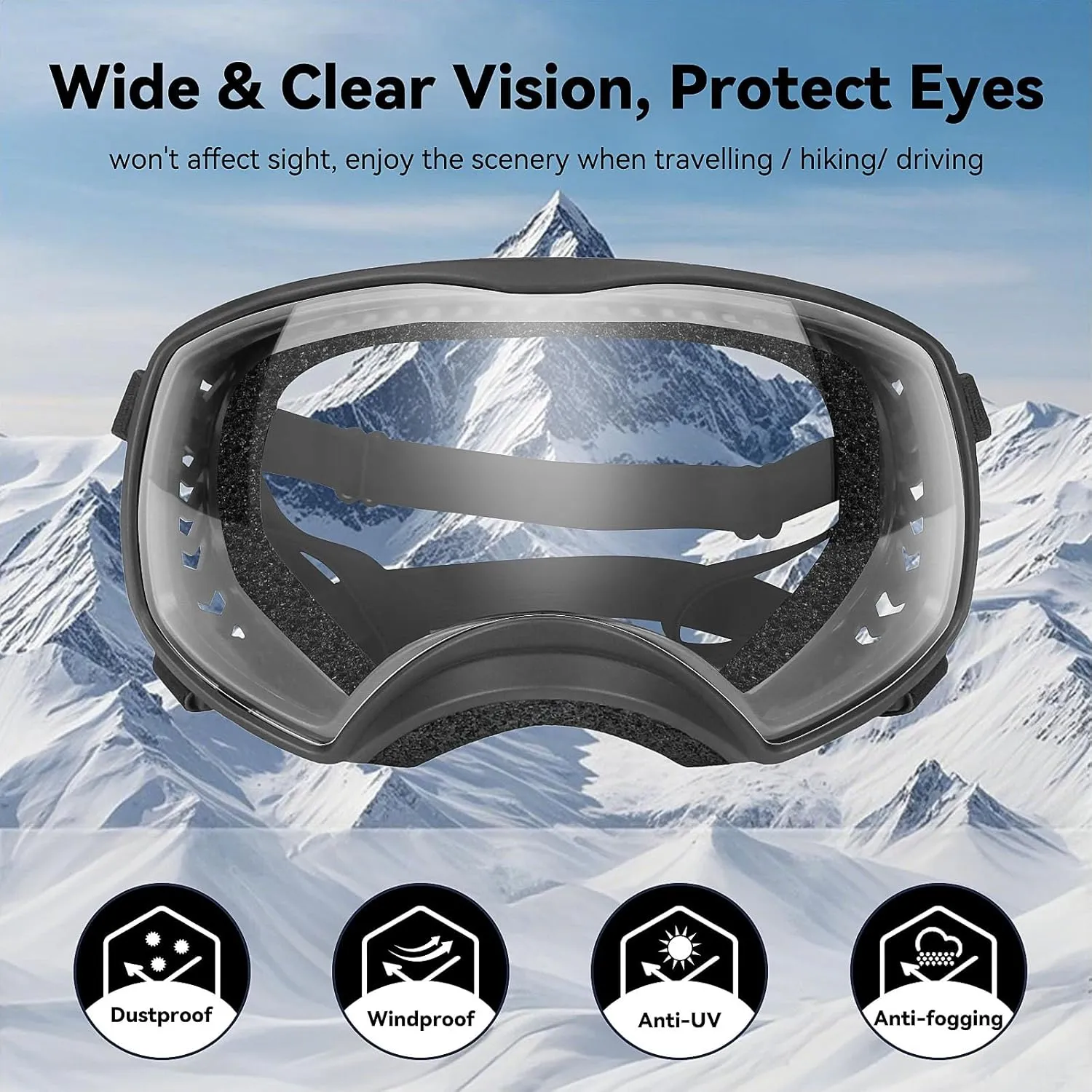 NAMSAN Clear Dog Goggles for Large Dogs, Wide Eyecup & Soft Frame, Anti-UV Sunglasses for Dogs Medium to Large Breed, Driving Dog Eye Protection, Windproof Dustproof, Adjustable, Black Frame