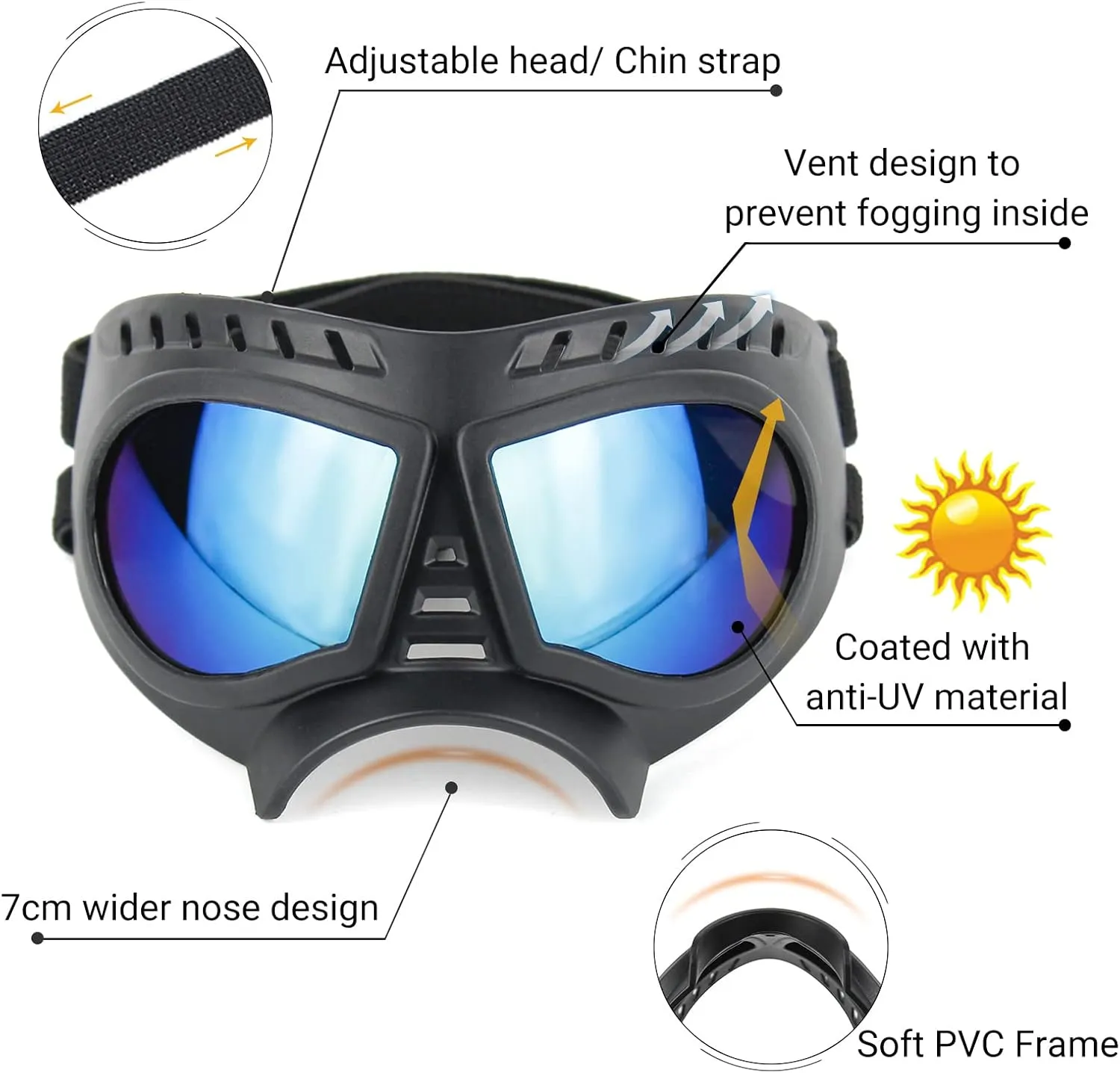 Namsan Dog Goggles Small Breed, Wide Snout & Soft Frame, Tactical Driving Sunglasses for Dogs Small to Medium Breed, Anti-UV Dog Eye Protection, Windproof Dustproof, Adjustable, Blue Lens